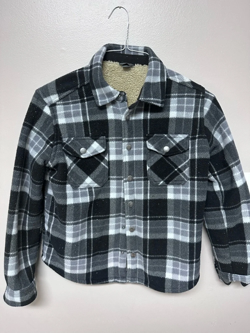 Eddie Bauer Black & Gray Plaid Sherpa-Lined Jean Jacket - Picture 1 of 4
